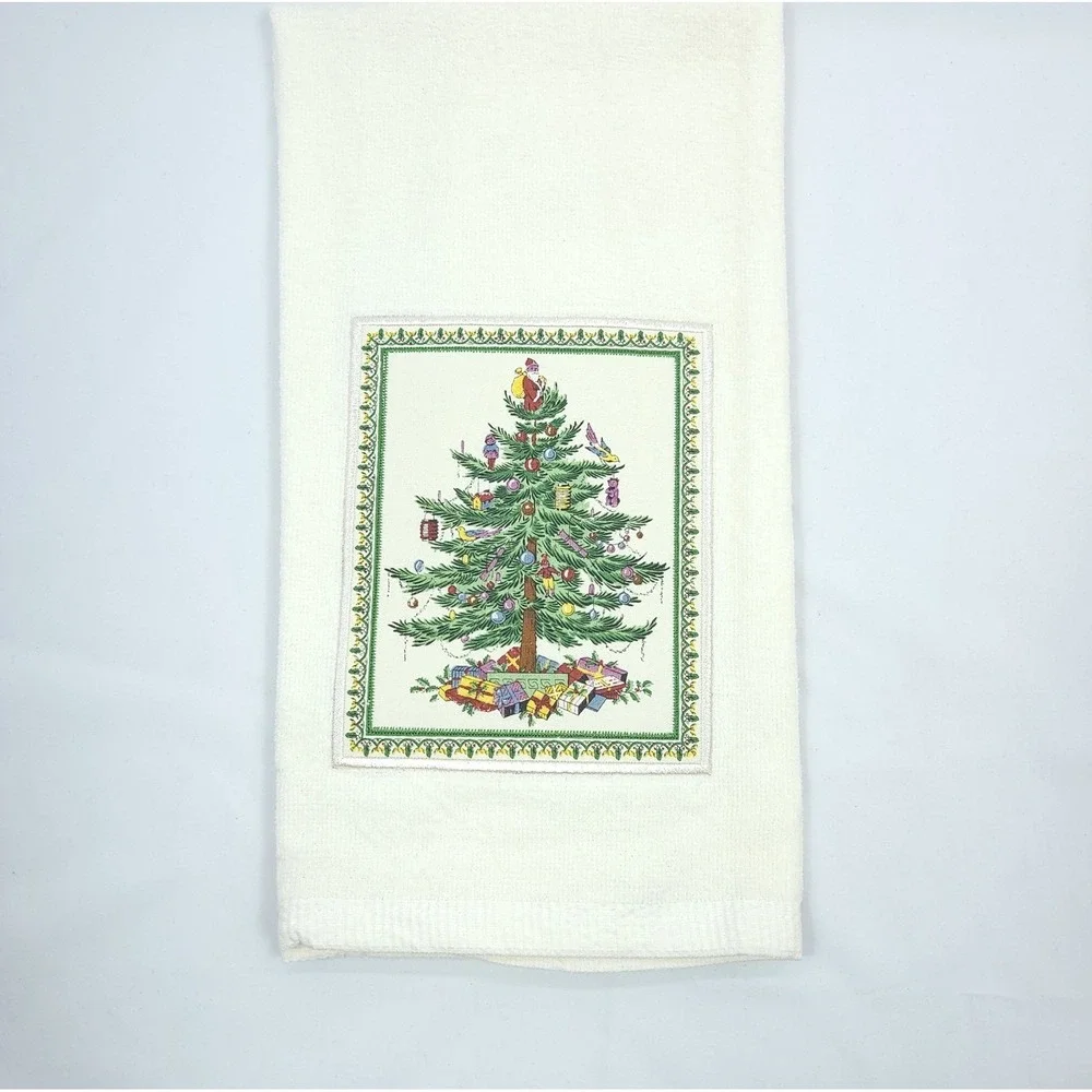 Spode Christmas Tree Hand Towels Red White Cotton Holiday Embroidered Dish Cloth